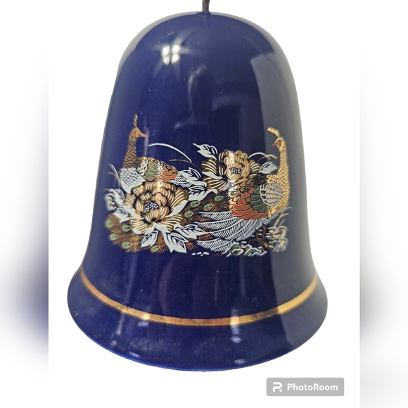 Cobalt Blue Oriental Peacock Design Ceramic 4" Tall Bell Wind Chime - Picture 4 of 11